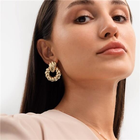 Gold Textured Hoop Drop Earrings | Twist Door Knocker Vintage Style - Picture 5 of 5